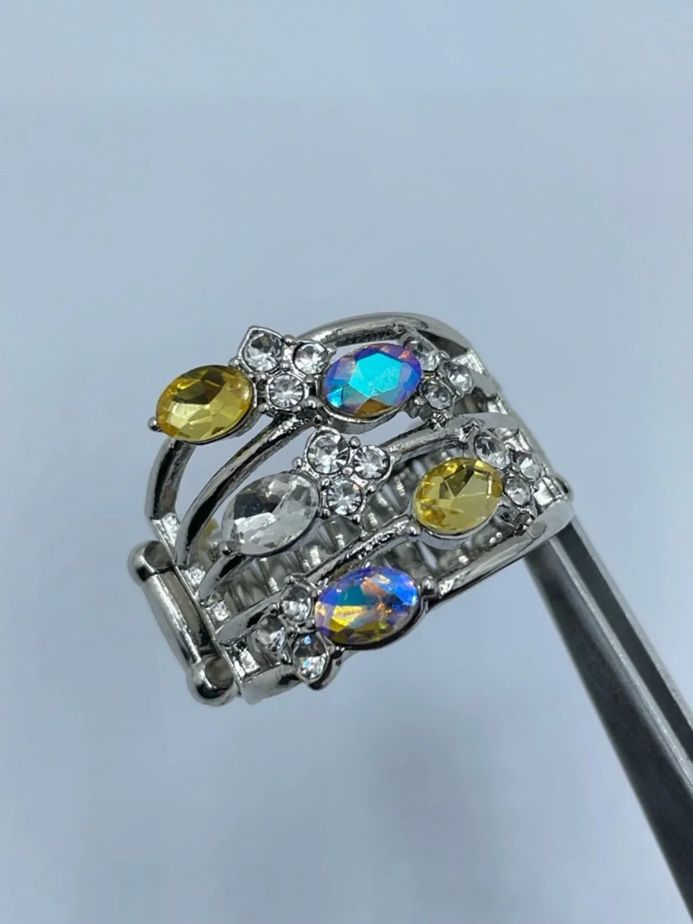 Silver Tone Multicolor Crystal Stretch Ring AB Yellow White Statement